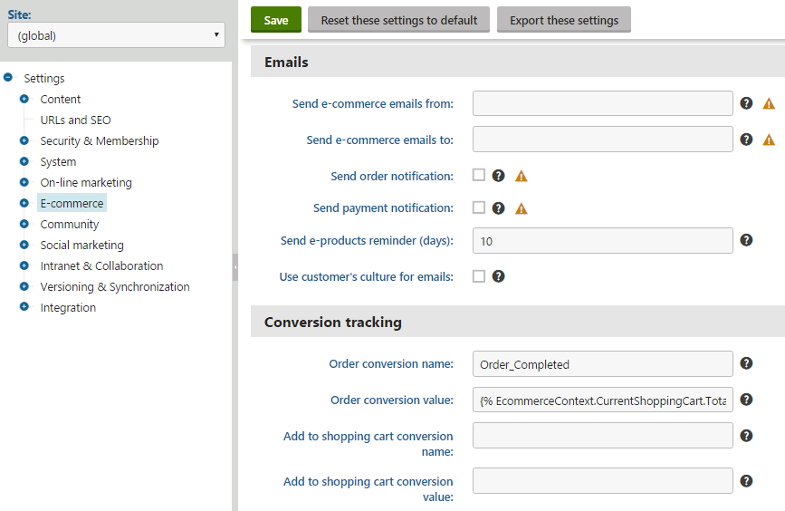 E-commerce conversion tracking settings