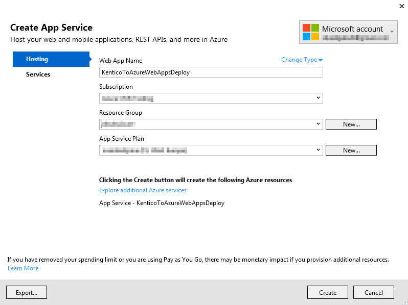 Creating an Azure App Service application in Visual Studio