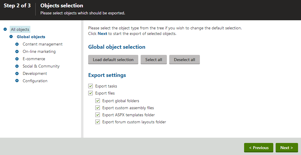 Selecting objects for export