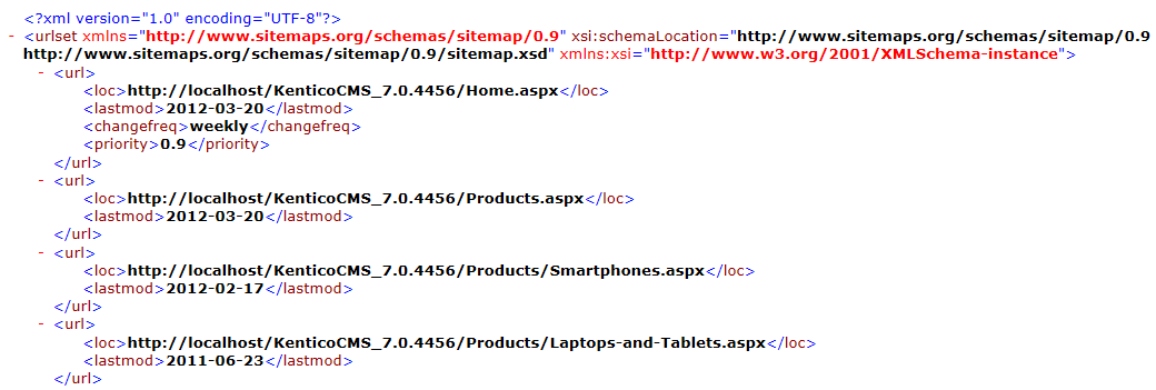 XML output of the Google sitemap generated for a Kentico website