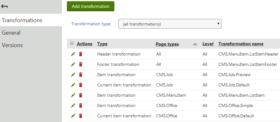 Viewing the sub-transformations defined for a hierarchical transformation