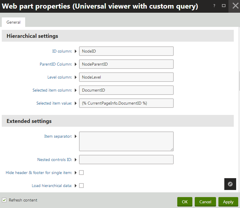 Configuring the Hierarchical settings of the Universal viewer with custom query web part
