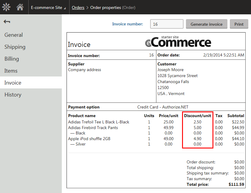 Invoice with an applied catalog discount
