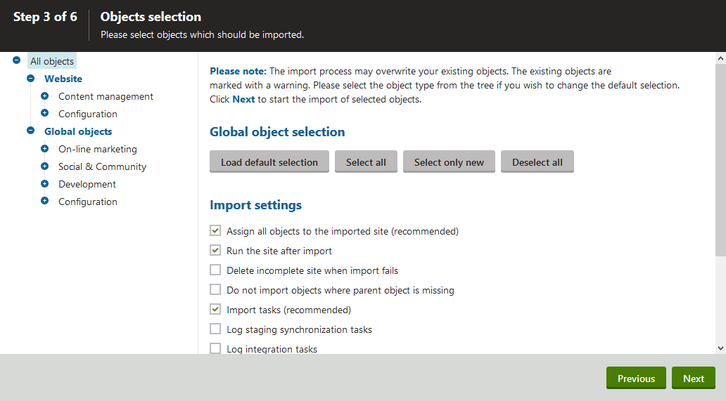 Object selection step of the new site wizard (step 3)