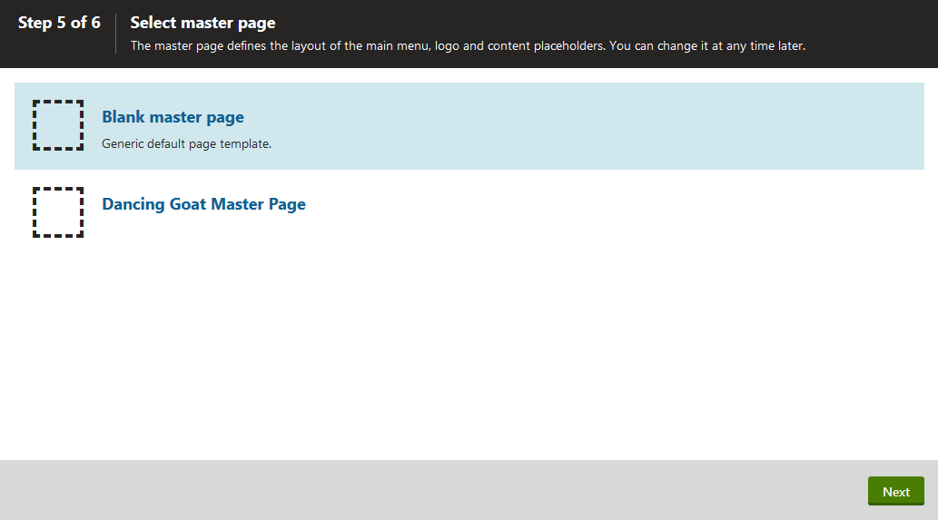 Selecting the new site’s master page template