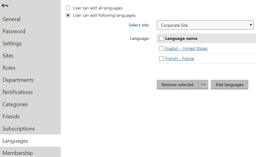 Configuring which languages a user can edit in the Pages application