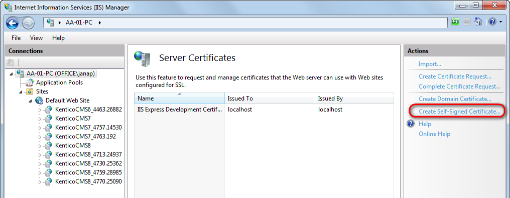 In the Actions pane, click Create Self-Signed Certificate