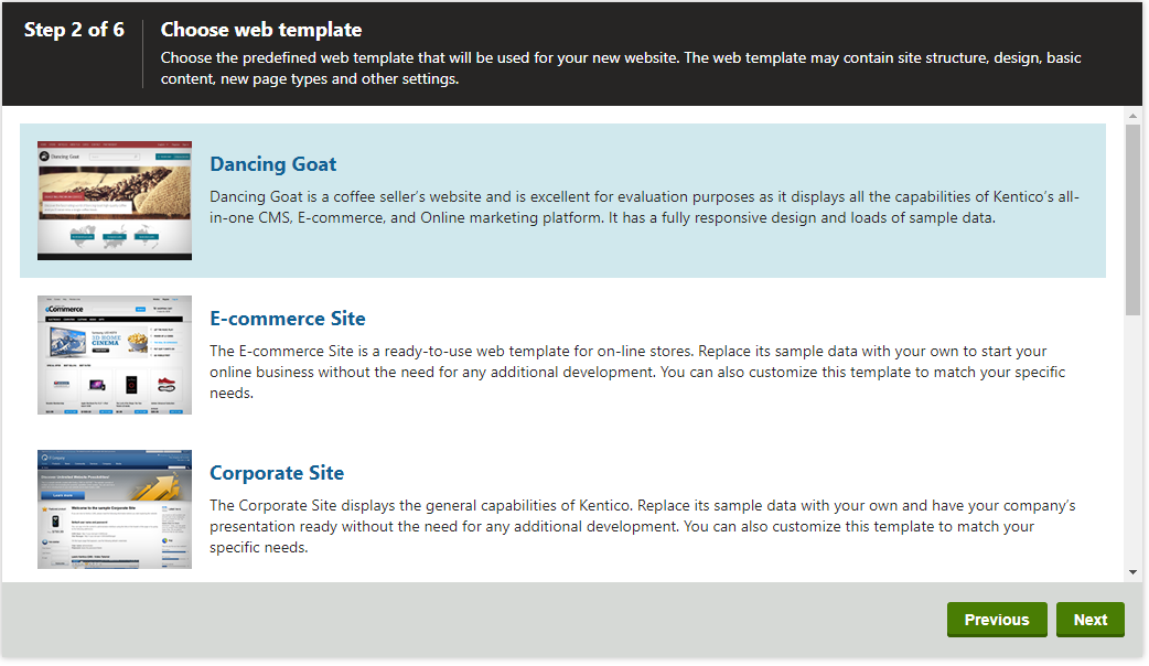 Selecting a web template for the new site