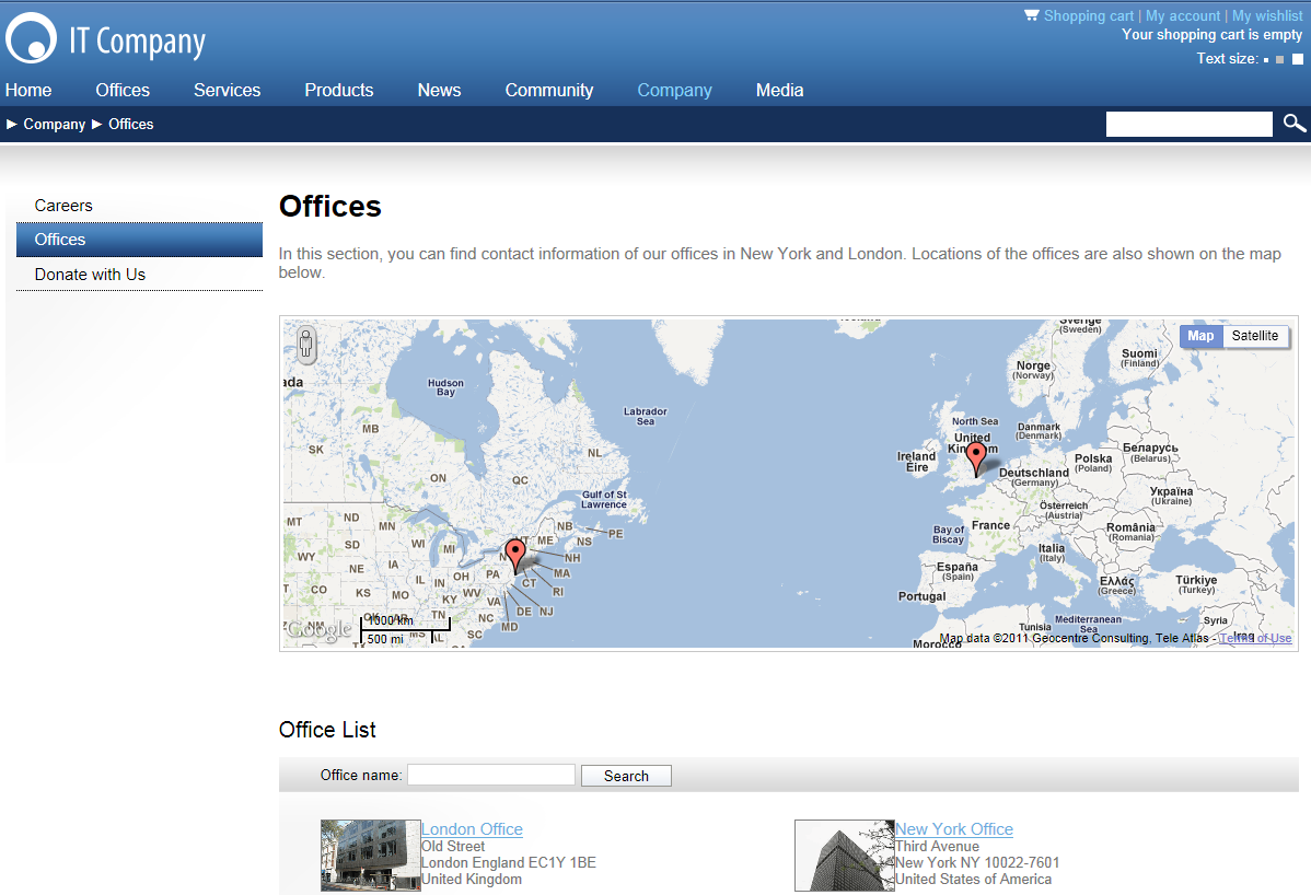 Map displaying office locations on the sample Corporate site