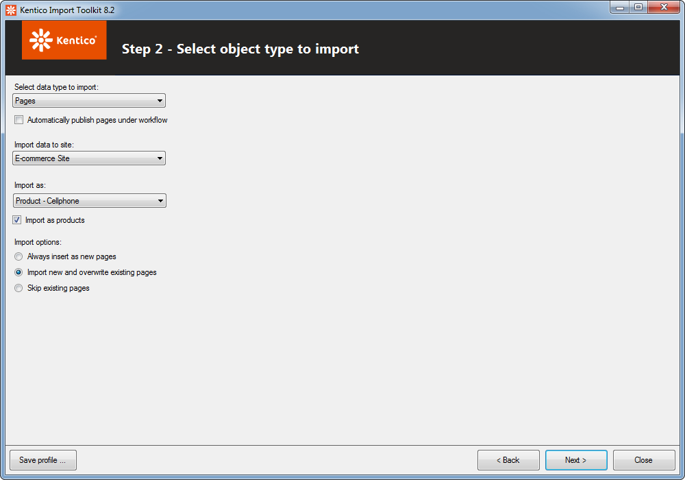 Selecting the object type to import