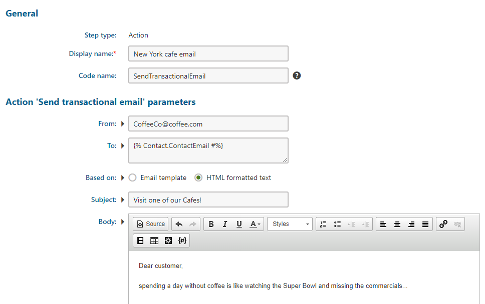 Configuring the Send e-mail step