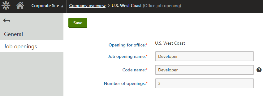 Editing a job opening object under a parent office in the custom module’s interface