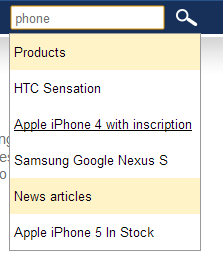 Search box displaying the default predictive search results