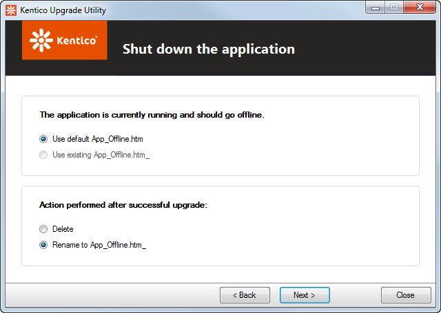 Configuring how the hotfix or upgrade shuts down the application