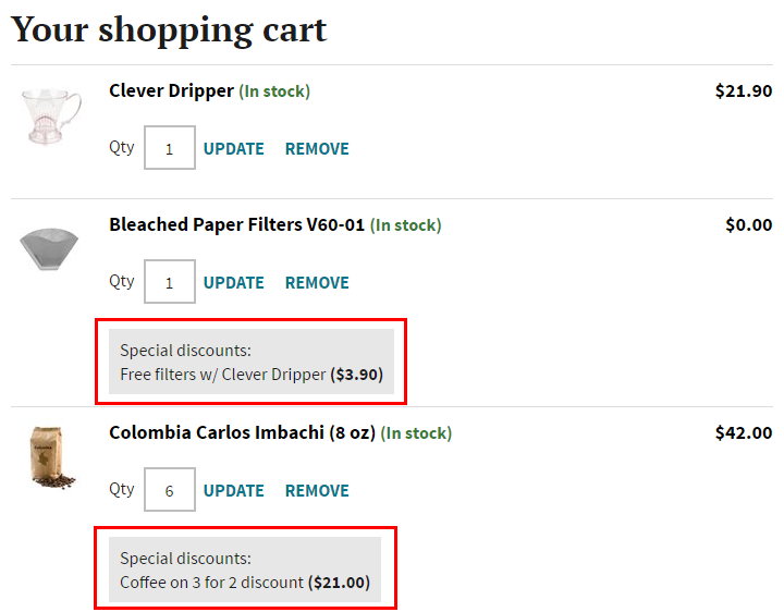 Buy X Get Y discounts displayed in the shopping cart content on a checkout page