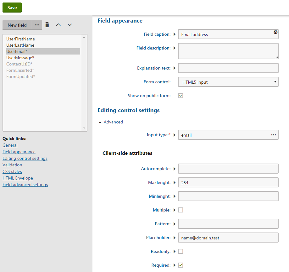 Configuring a field using the HTML 5 input form control