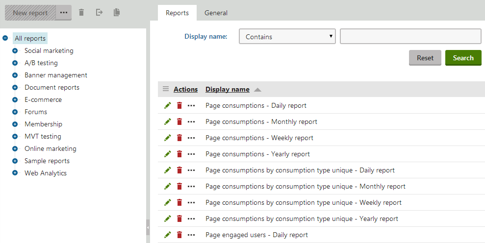 Managing reports in the Reporting application