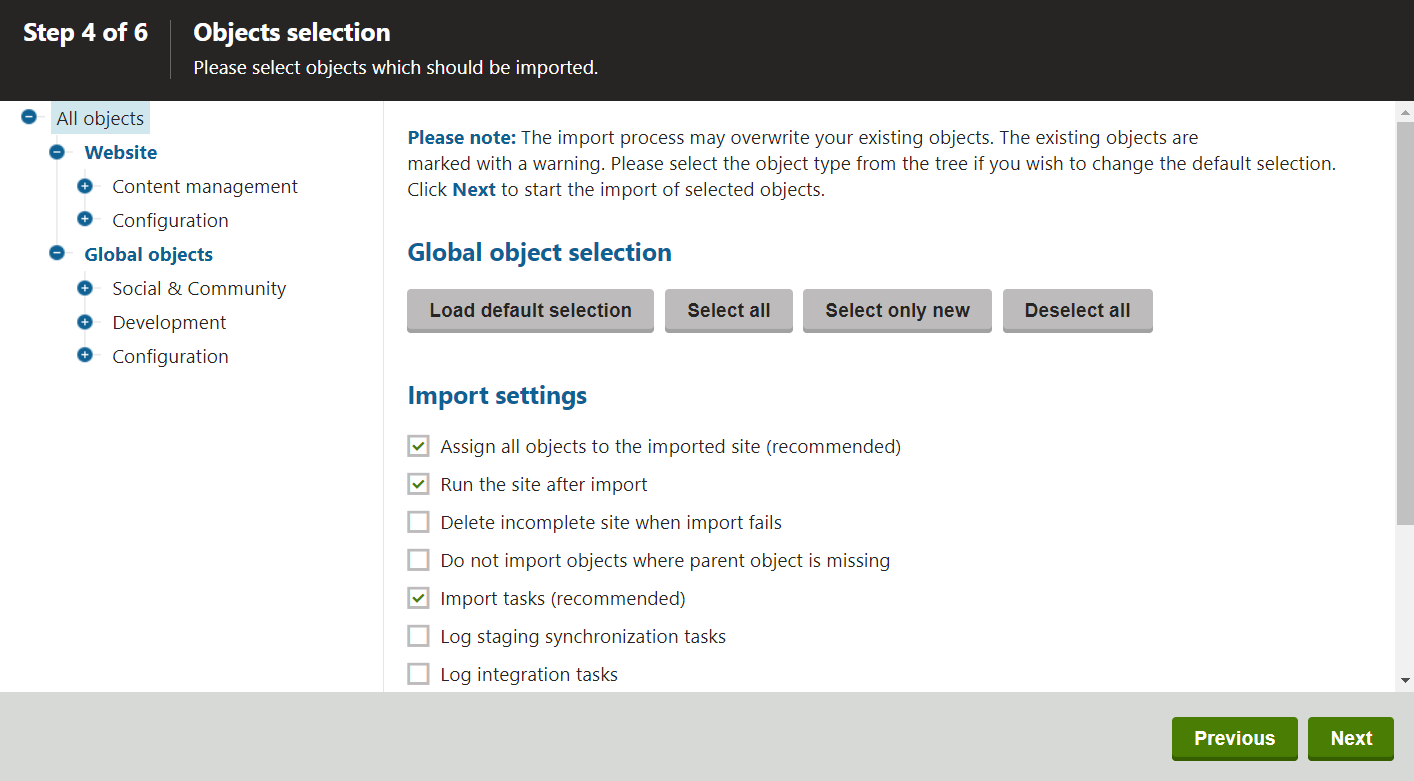 Object selection step of the new site wizard (step 4)