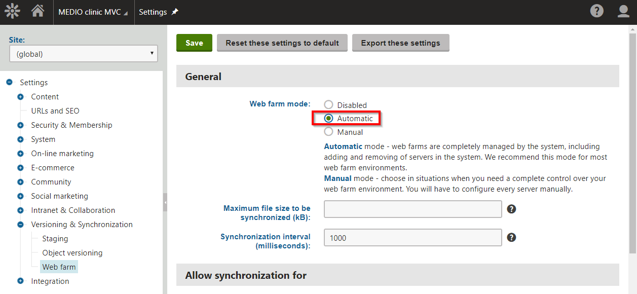 Setting up the web farm mode for content synchronization