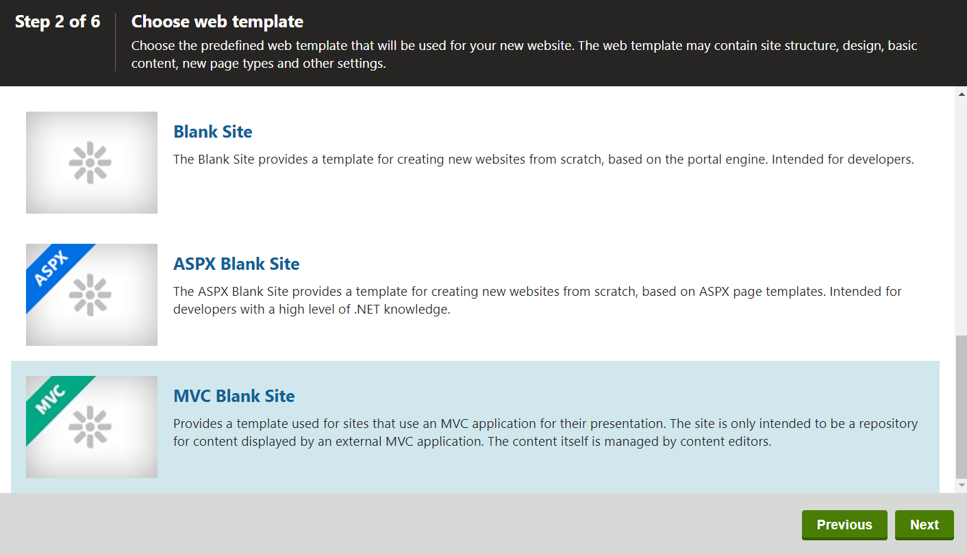 Selecting the new site’s web template