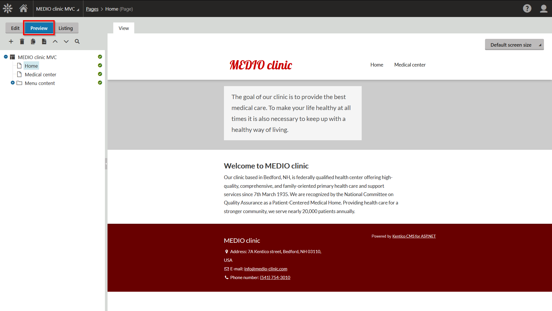 Preview of the Medio Clinic’s page in the administration interface