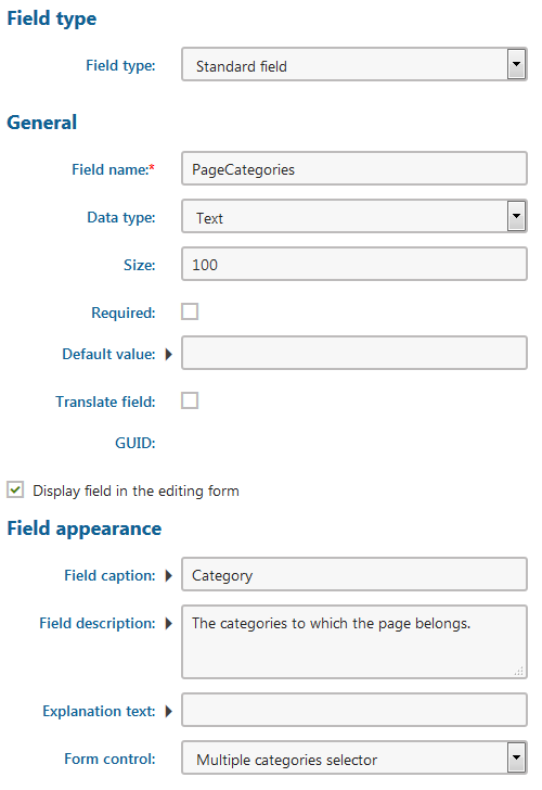 Creating a page category field for a page type