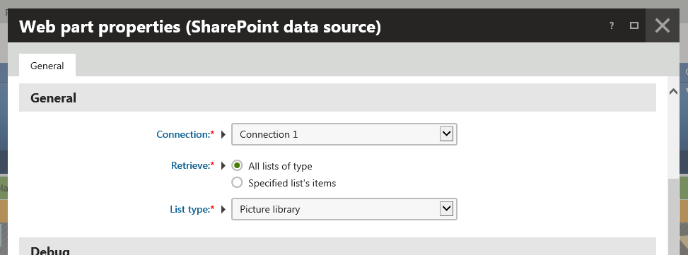 Configuring the SharePoint data source web part