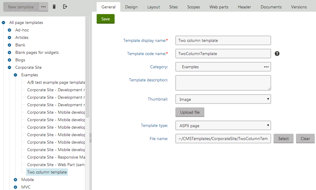 Registering a web form as an ASPX template