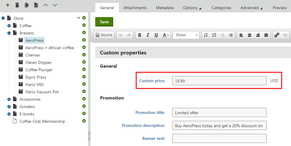Editing the value of a custom price column in the Products application