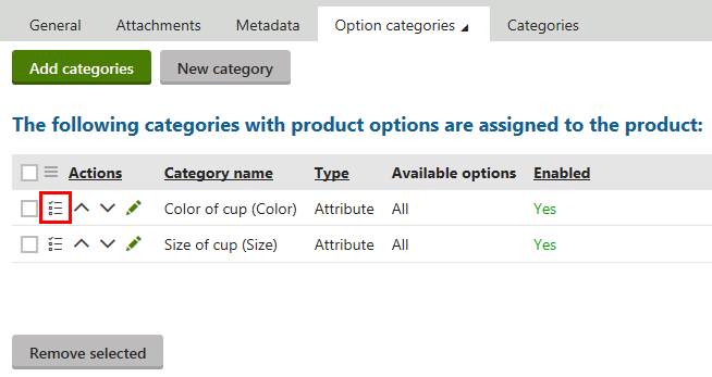 Launching the Select available options action for the Color of cup (Color) option category