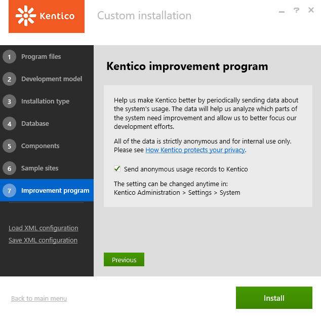 Opting in for the Kentico improvement program