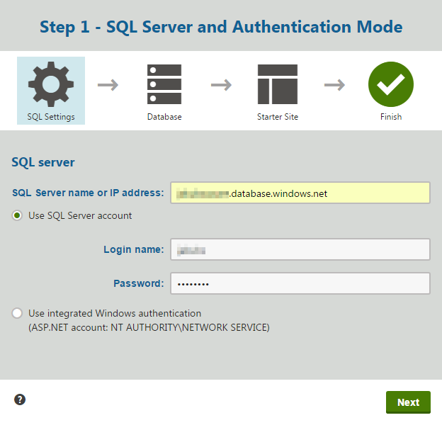 Specifying the Azure SQL server name and its credentials