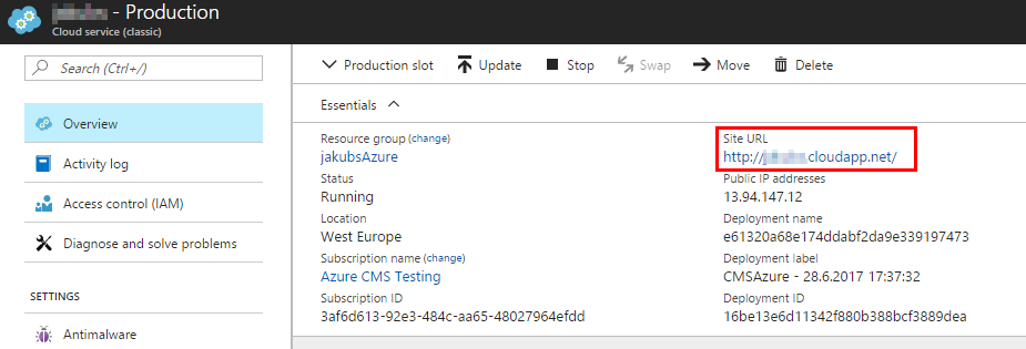 Locating the Site URL property in the Azure portal