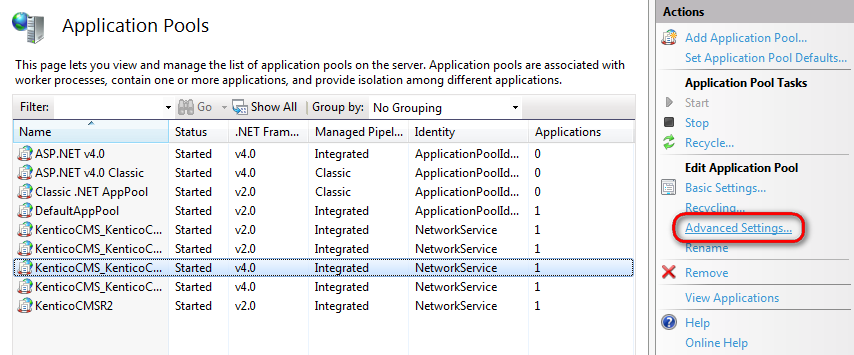 Editing the advanced settings of application pools in IIS