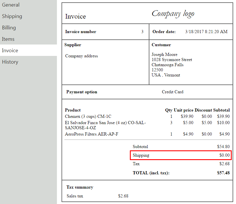 Viewing shipping costs in an invoice