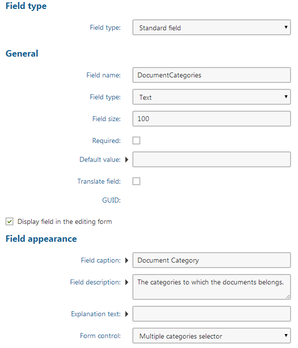 Creating a document category field for a document type