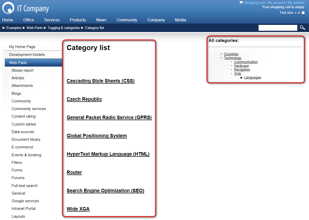 Listing documents on a page based on categories