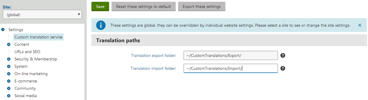 Custom settings for the sample translation service