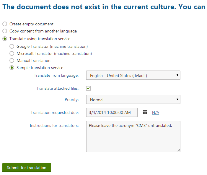 Submitting a document for translation using the sample service