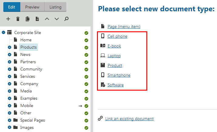 Creating a document in the user interface