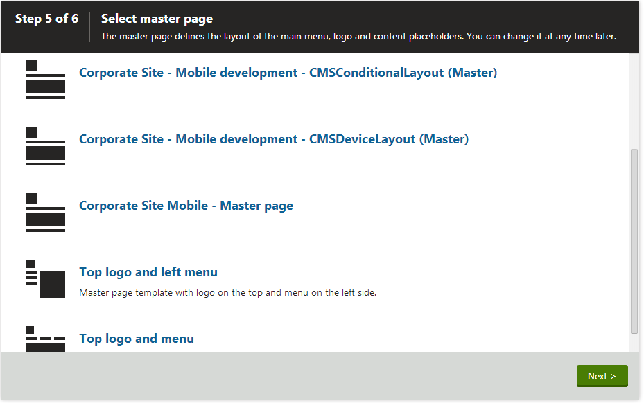 Selecting the master page for a new site