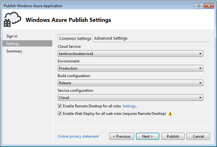 Configuring the settings for publishing an Azure project