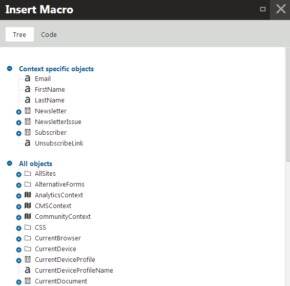 Tree containing the available macro options