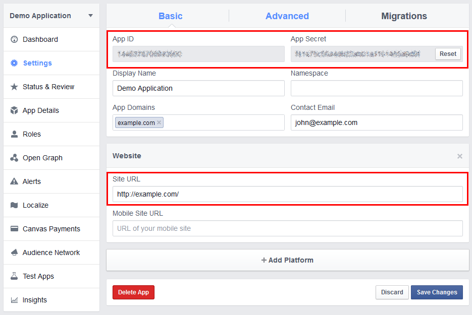 Setting up your Facebook app