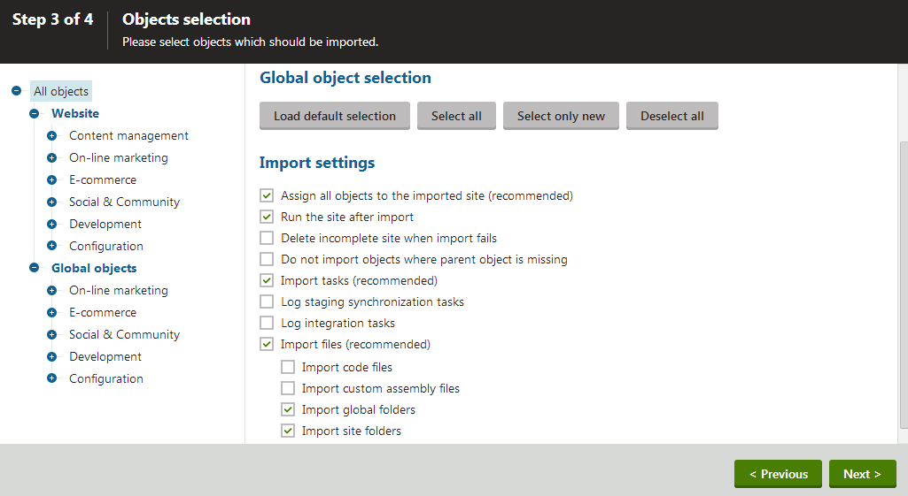 Selecting objects for import