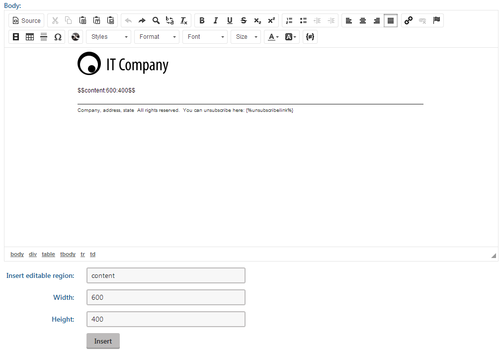 Inserting an editable region into a newsletter
