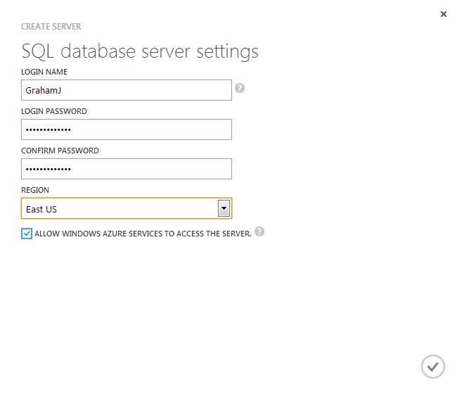 Creating new Azure database server