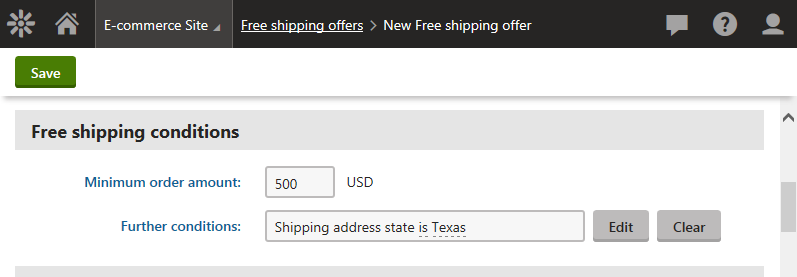 Specifying free shipping offer conditions
