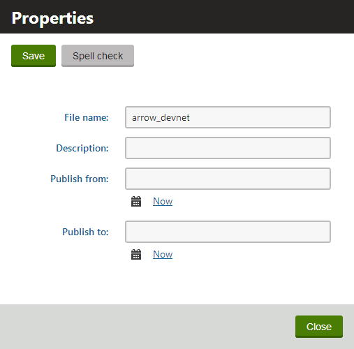 The Properties dialog without the file upload field
