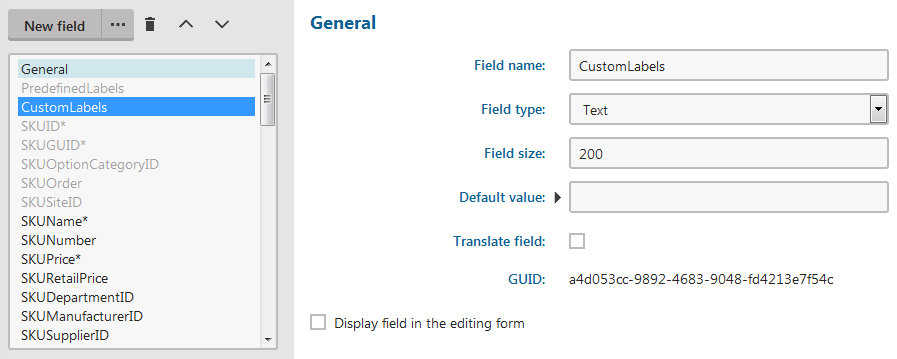 Attributes of the field Custom labels